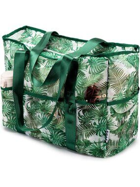 Women's Green Leaf Mesh Vacation Beach Bag Large Lightweight with Top Zipper